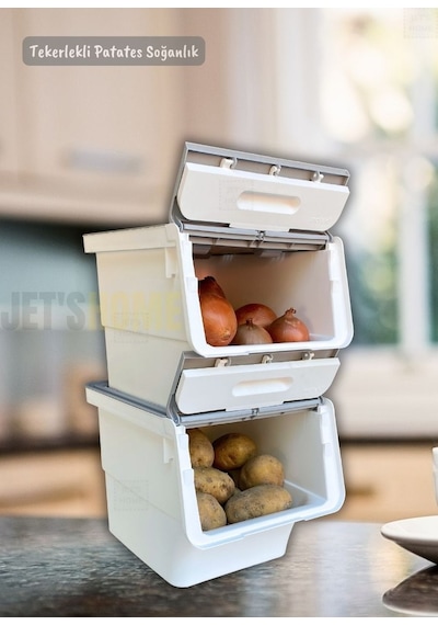 4 Lü Tekerlekli Patateslik Soğanlık Bpa Free Erzak Kutusu Sebzelik Oyuncaklık Gri 48 Lt Gri-beyaz