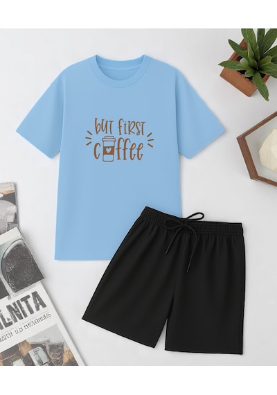 Uyguntarz But First Coffee Baskı Şort Takım Bebe Mavi