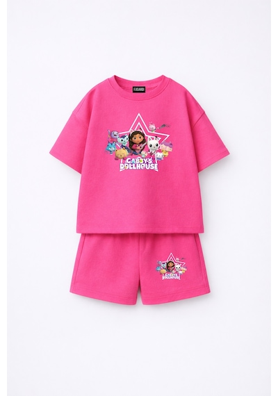 Fasardi Gabby's Dollhouse / Gabby'nin Hayal Evi Baskılı Oversize %100 Pamuk Tişört Şort 2li Çocuk Takım Fuşya
