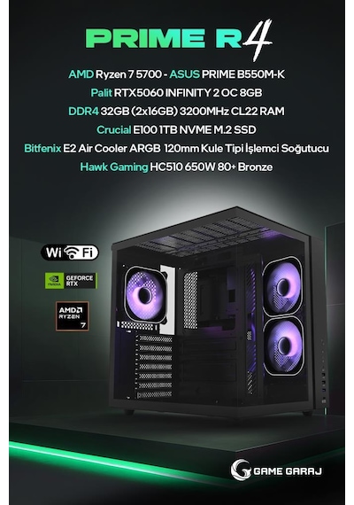 Game Garaj PRIME-R4 R7-5700 RTX5060 32 GB 1 TB SSD Free Dos Oem Paket Masaüstü Oyuncu Bilgisayarı