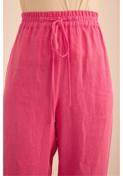 Aker Beli Lastikli Keten Pantolon Pembe Pembe