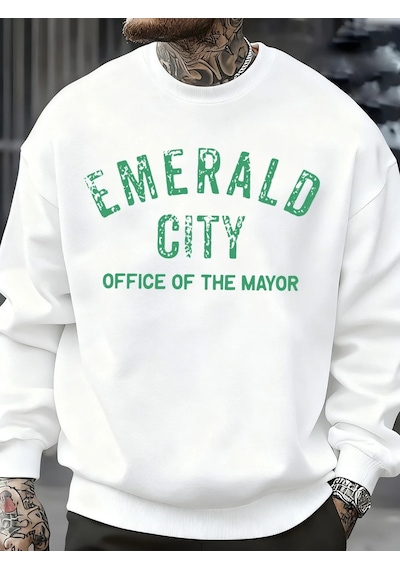 Startmore Tarzsokak Emerald City Mektup Baskılı Sonbahar Sweatshirt Erkek Trendy Günlük Kazak Polar Bol Giyim Her Beyaz