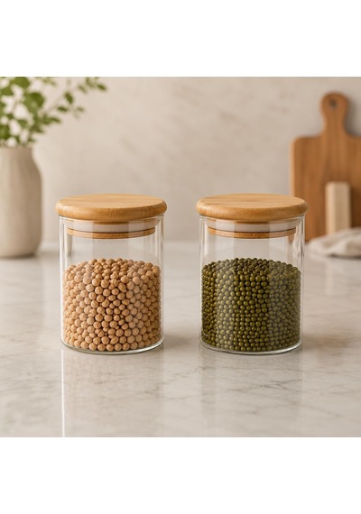 2'li 300 Ml Bambu Kapaklı Cam Kavanoz Seti, Silikon Contalı Şeffaf Baharatlık Ve Saklama Kabı, Çay Kahve Şeker Baharat Kuruyemiş Kavanozu Çok Renkli