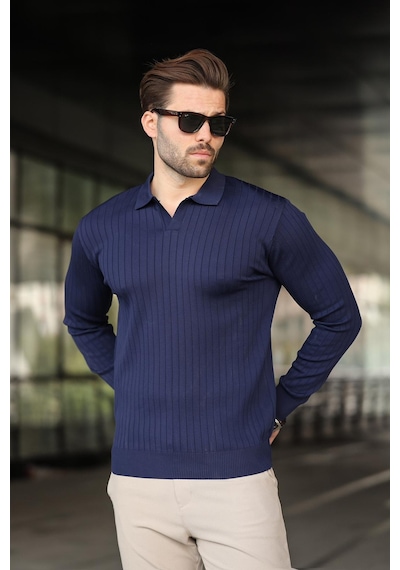 Madmext Lacivert Polo Yaka Çizgili Uzun Kollu Kazak 7239 Lacivert