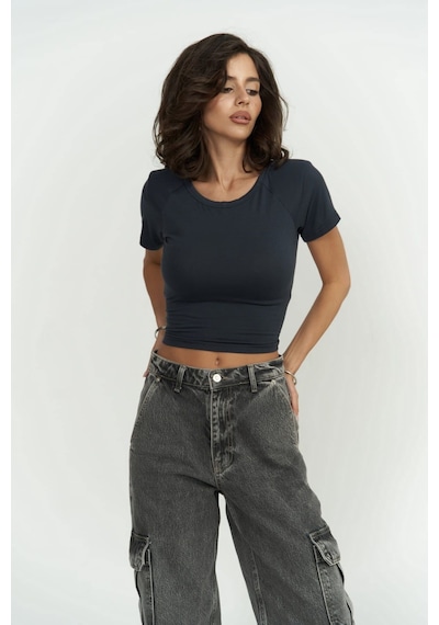 Mai Collection Mai Studios Co. Perla Vatkalı Antrasit Crop Bluz Antrasit