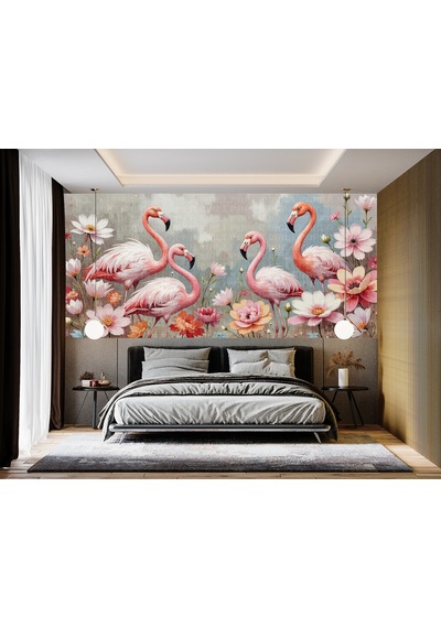 Flamingolar Renkli Çiçekler Poster Duvar Kağıdı