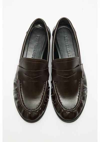Lutvelizade Loafer 2517 Klasik Deri Görünümlü Oval Burun Acı Kahve Kadın Loafer Acı Kahverengi