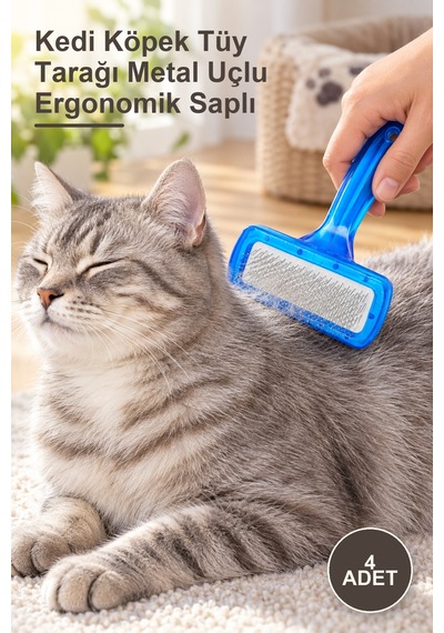 4 Adet Kedi Köpek Tüy Tarağı Metal Uçlu Ergonomik Saplı