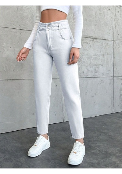 Kene Jeans Kadın Beyaz Kemer Büzgülü Lastikli Mom Jeans Pantolon Beyaz