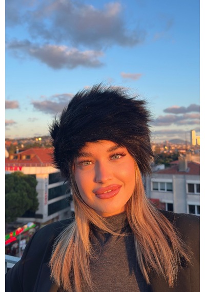 Mollycrush Luxury Rus Slav Tarzı Suni Kürklü Uzun Tüylü Peluş Kadın Siyah Kalpak Şapka Siyah