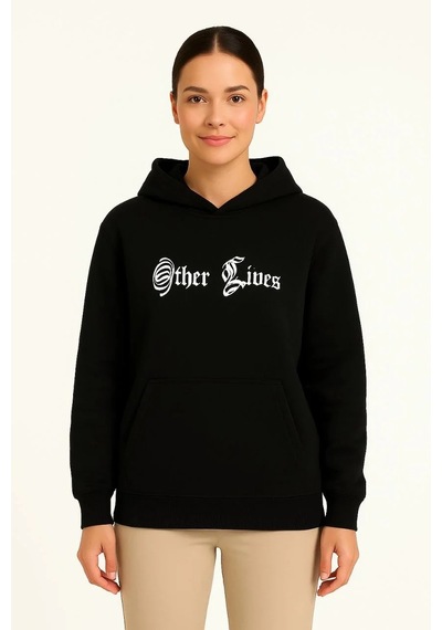 Tarz Yeri Kadın Kapüşonlu Kanguru Cepli Sweatshirt 3 İplik Pamuklu Baskılı Hoodie - Siyah