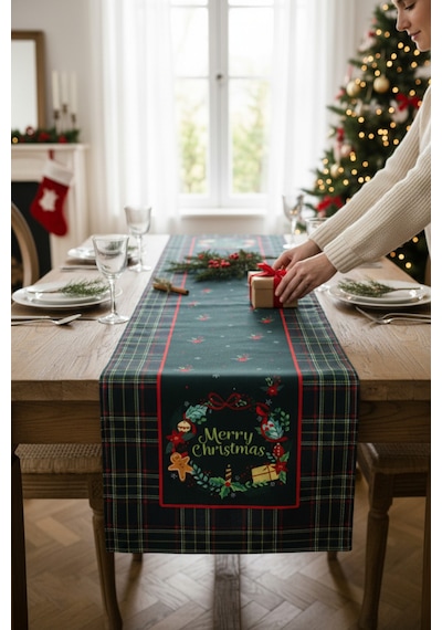 Masa Örtüsü Runner Yılbaşı Temalı Merry Christmas 140x40 Raşel Örme Kadife Dijital Baskı Çok Renkli