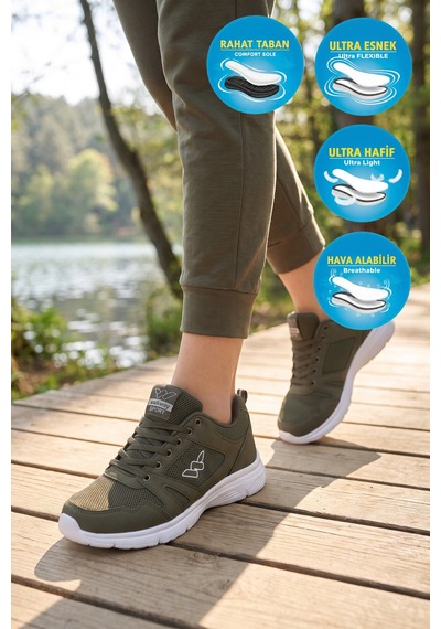Walkway Haki Fileli Hafif Bağcıklı Esnek Unisex Spor Ayakkabı 020 G