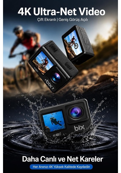 4k Ultra Hd Wi-fi Aksiyon Kamerası 20 Mp Çift Ekranlı 30 Metre Su Geçirmez Genel