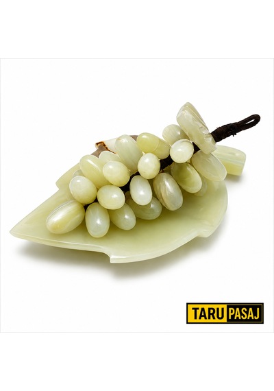 Doğal Oniks Taş Yaprak Tabak & 30 Taneli Üzüm Salkımı Feng Shui Dekor Objesi Yeşil