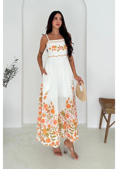Asprin Fashion Keten Kumaş Çicek Desenli Elbise Beyaz