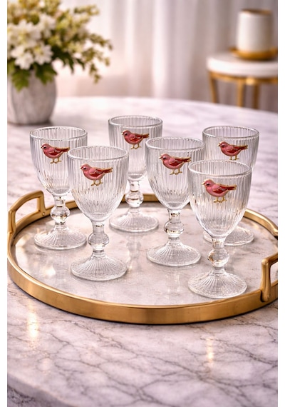 6 Lı Kristal Cam Kahve Yanı Su Bardağı Pembe Kuş Lovely Birds Bardak 75ml Şeffaf