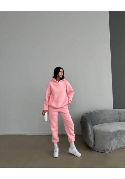 Baskısız Eşofman Takımı Sweatshirt Jogger - Pembe Oversize Şardonlu Kapüşonlu Pembe