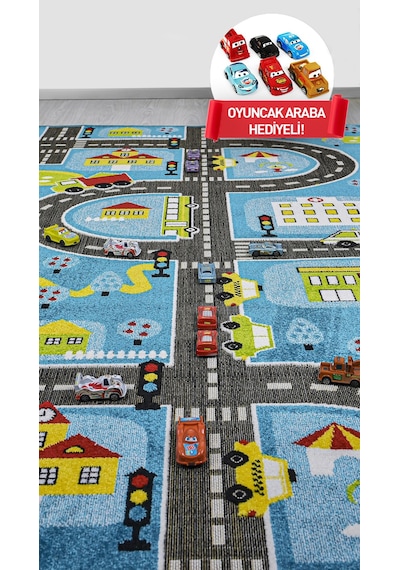 Konfor Halı 3 Boyutlu Mavi Trafik Arabalı Dokuma Çocuk Oyun Halısı Mavi