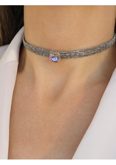Kordon Zincir Örme Kristal Taşlı El Yapımı Choker Tasma Lila Silver Renk Kolye