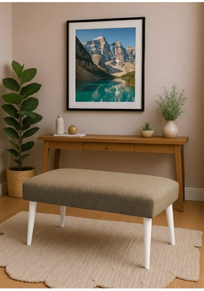 Waterybrook Bench Bank - Keten Kumaş - Beyaz Ahşap Ayaklı - 90x45 Cm - Modern Retro Tasarım - Oturma Pufu Kahverengi