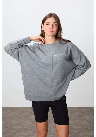 Tommy Life Gri Melanj Kompakt Pamuklu Kalın Pürüzsüz Dokulu O Yaka Oversize Fit Kadın Sweatshirt - 97288 Gri Melanj