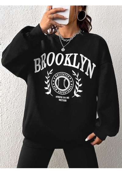 Altamira Unisex Siyah Brooklyn Baskılı Bisiklet Yaka Oversize Sweatshirt 001
