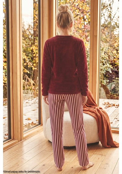 Siyah İnci Bordo Nakışlı Üst Wellsoft Alt Polar Kışlık Örme Pijama Takım 26221702