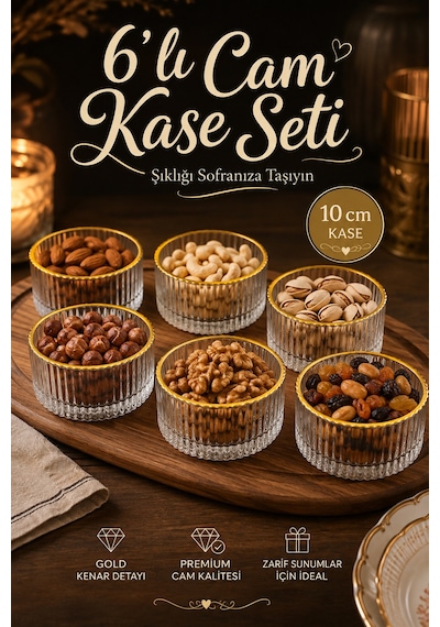 Porsima 13879-1 Vanes Sakura Gold Yaldızlı 6'lı Cam Kase Seti 10 Cm Çerezlik, Reçellik, Kahvaltılık Ve Tatlı Kasesi
