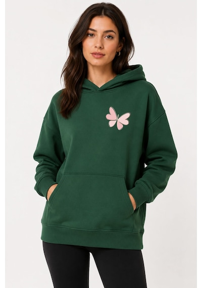Herkesemoda Kelebek Baskılı Kapüşonlu 2 İplik Şardonlu Sweatshirt Yeşil