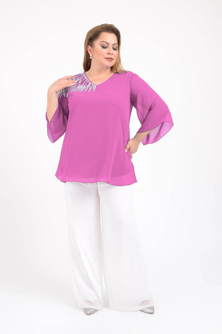 Lilas Xxl Büyük Beden Pembe Renkli Şifon V Yaka Abiye Bluz Pembe