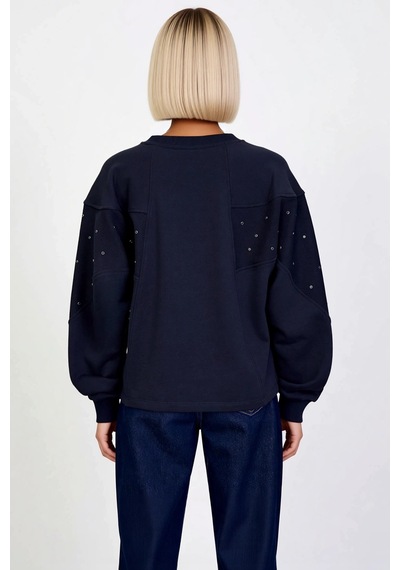 Benerly Kadın Bisiklet Yaka Düşük Kol Oversize %100 Pamuk Sweatshirt Fonk Lacivert
