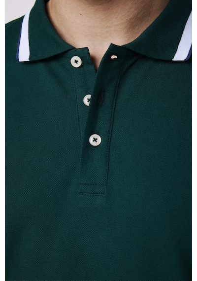 Tudors Erkek Slim Fit Dar Kesim %100 Pamuk Düz Pike Kol Şeritli Yeşil Polo Yaka Tişört-27872