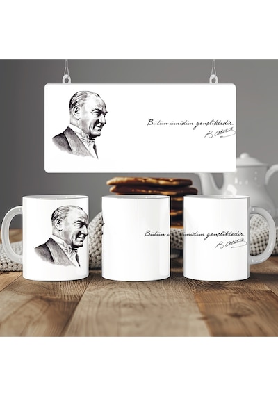 Atatürk Sözleri Ve Resmi Kupa Bardak - Mustafa Kemal İmzalı - '' Bütün Ümidim Gençliktedir '' Beyaz
