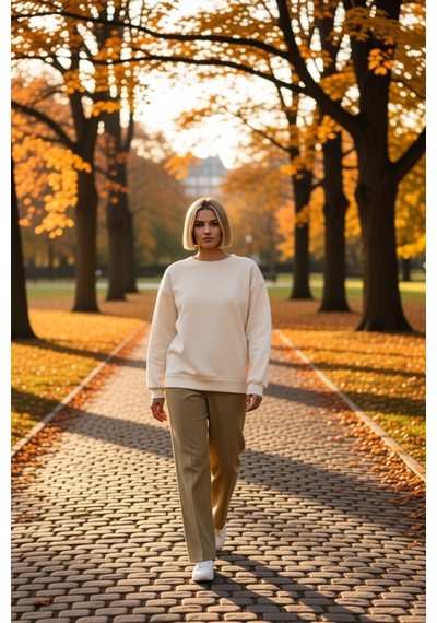 Benerly Kadın Bisiklet Yaka Düşük Kol Oversize Kalın Örme Sweatshirt Fonk Taş