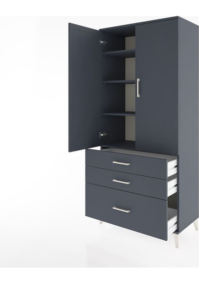 Hyperion Dolap 4 Raflı 3 Çekmeceli 2 Kapaklı 88x44x195 Antrasit-antrasit Antrasit