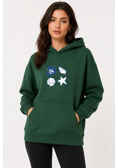 Herkesemoda Deniz Kabukları Baskılı Kapüşonlu 2 İplik Şardonlu Sweatshirt Yeşil
