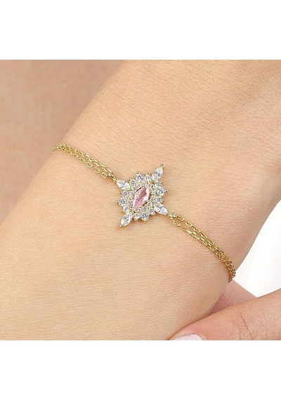 Pink Taşlı Hanedan Nişanı Gold Renk Vintage Gümüş Bileklik