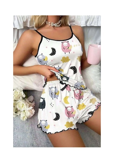 Kuzu Desenli Pembe İp Askılı Yazlık Şort Pijama Takımı Ryl - S-46 Çok Renkli