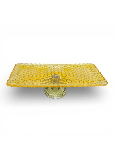 Sudedi Home Sarı Cam Baklava Desenli Ayaklı Sunum Tabağı 37 18 Cm Sarı