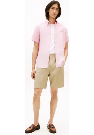 Tommy Hilfiger % 100 Keten Regular Fit Kısa Kollu Pembe Erkek Gömlek-15997