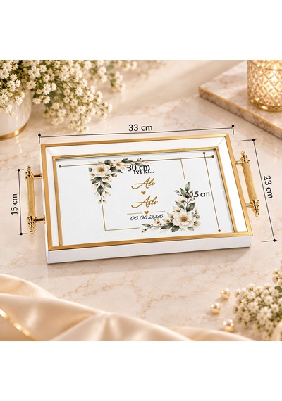 Bk Gift Kişiye Özel Beyaz&gold Söz Nişan Tepsisi-4 - 39x23 Cm Çok Renkli