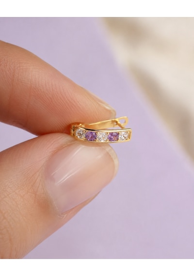 14 Ayar Altın Mor Ve Beyaz Taşlı J Küpe 0,80 Gr