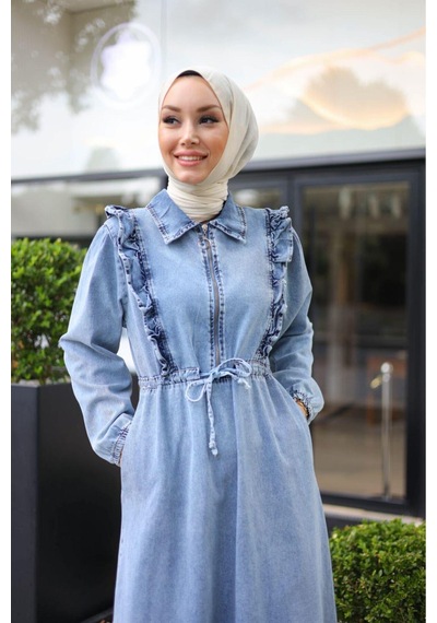 Harman Butik Kadın Fır Fırlı Belden Bağlamalı Denim Kot Elbise Kotmavi Kotmavi