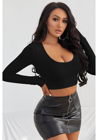Kadın Siyah Uzun Kol Kare Yaka Crop Top Bluz