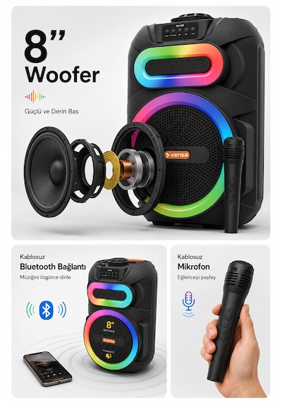 Taşınabilir Mikrofonlu 25w Led Işıklı Bluetooth Hoparlör Seti