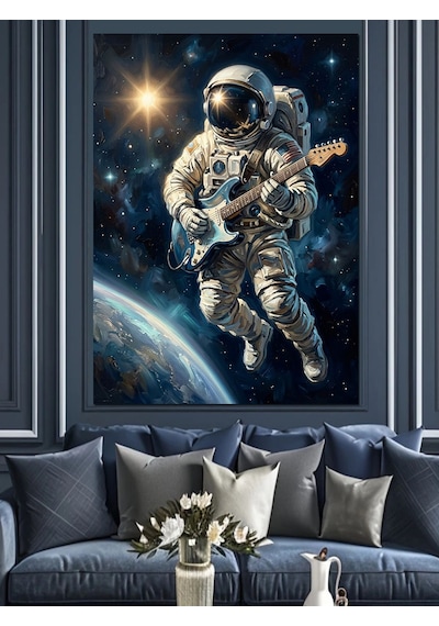 Uzayda Gitar Çalan Astronot Tablosu Dekoratif Kanvas - Mdf Ahşap Tablo Çok Renkli