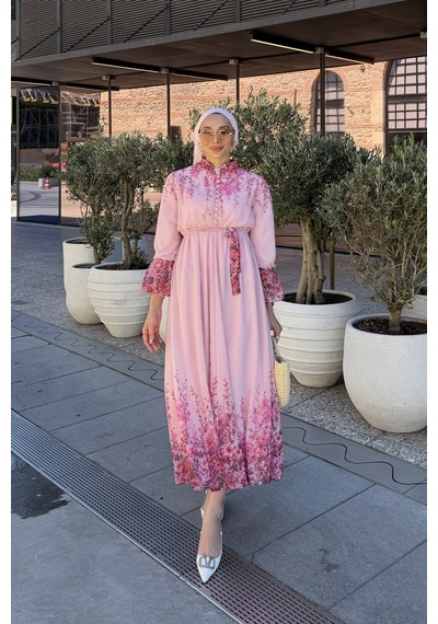 Riella Butik Çiçek Desenli Tesettür Elbise Pembe