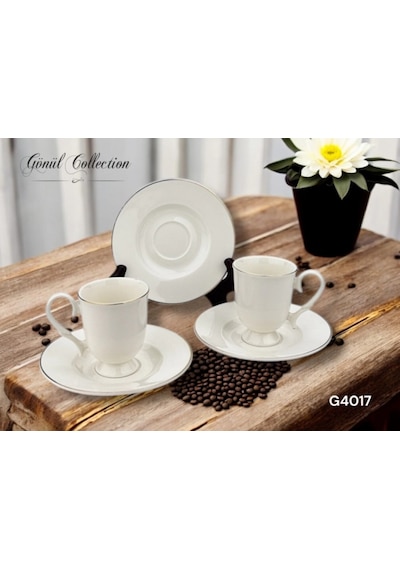 Gönül Gnl 4017 Gümüş Kenarlı Beyaz Porselen Kahve Seti 6'lı Beyaz
