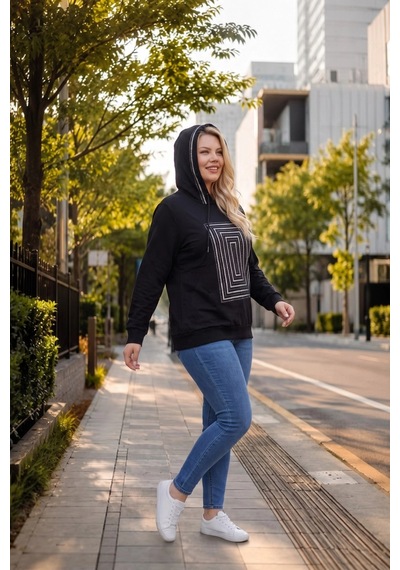 Aytemas Önü Ve Kapüşonu Taşlı Sweatshirt Siyah